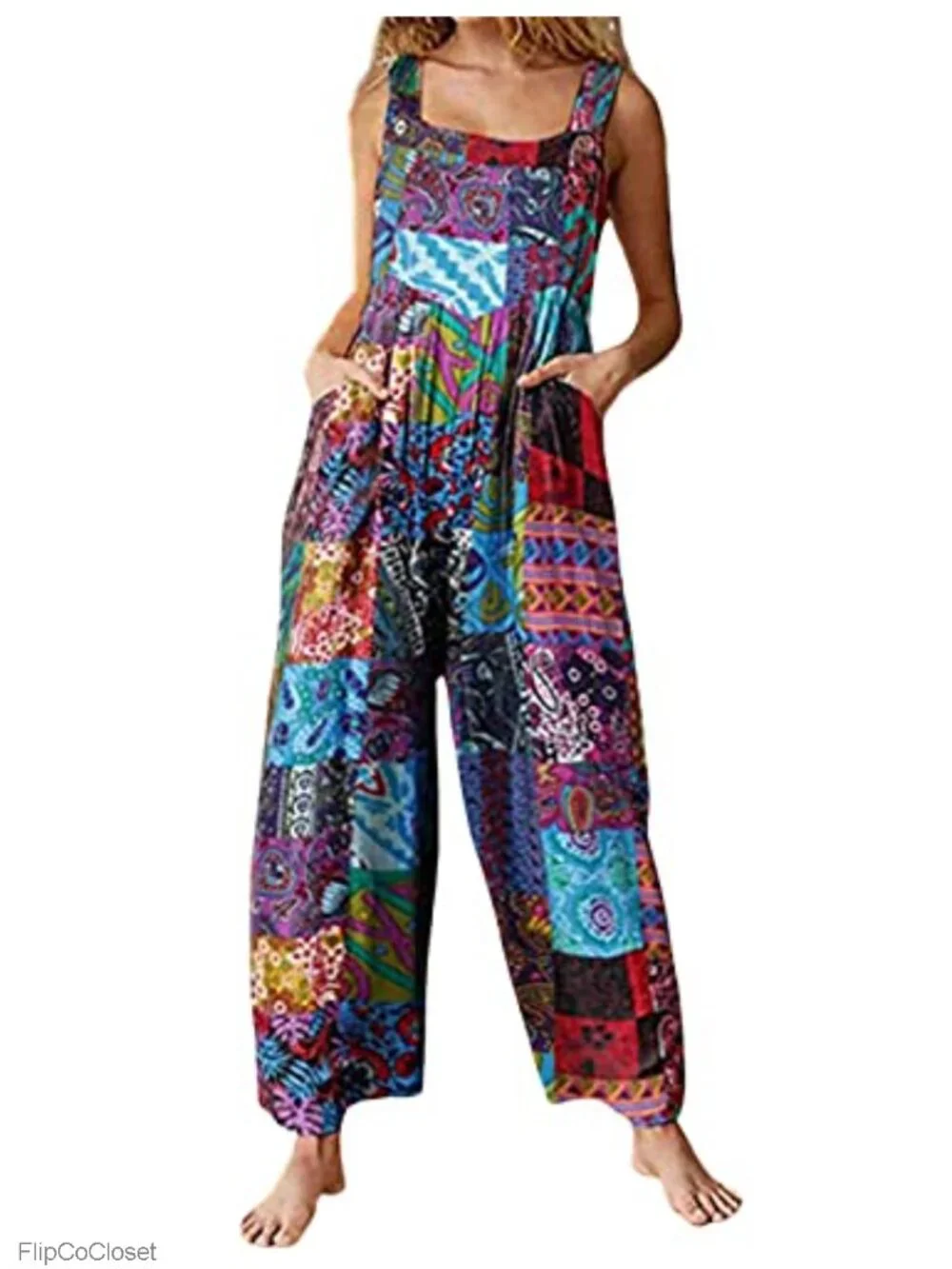 Women's Floral Loose Wide Leg Overalls with Pockets Boho Jumpsuit